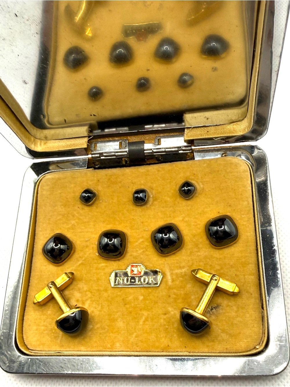 Black Onyx Cabochon Cufflink and Stud Set - Gold Tone Mid Century